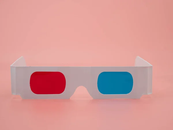 Red Blue Paper Glasses Viewing Movies Images Isolated Pink Background — Stock Photo, Image