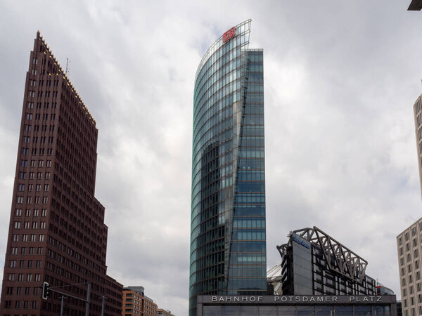 BERLIN, GERMANY - May 21, 2022; Architectural city buildings ultra-modern architectural high-rise buildings Potsdamer Platz, modern city square May 21, 2022 Berlin Germany