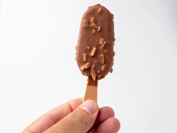 Chocolate Ice Cream Almonds Stick Ice Cream White Background — 스톡 사진