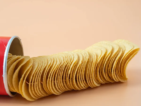 Crisps Crispy Potatoes Potato Chips Orange Background Close — Stock Fotó