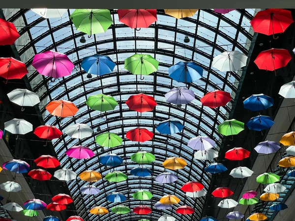 Berlin Germany August 2022 Many Colorful Umbrellas Hang Ceiling Glass —  Fotos de Stock
