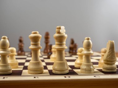 Board game of chess, old wooden chess, copy space for text. Close up.