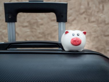 Small piggy bank on a suitcase. The concept of saving money to relax and travel. Vacation.