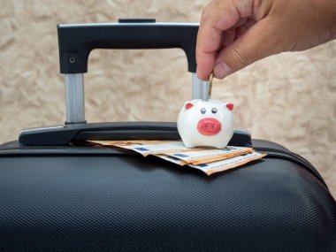 Small piggy bank on a suitcase. The concept of saving money to relax and travel. Vacation.