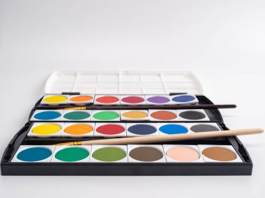 Brushes and watercolor paints on a white background. Drawing tool.