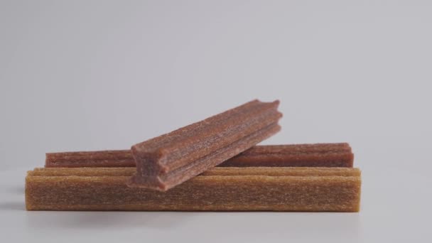 Close Dog Tooth Stick Reduce Tartar Buildup Isolated White High — Vídeos de Stock