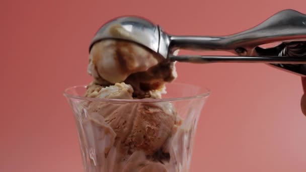Close Caramel Ice Cream Placed Glass Bowl Metal Spoon High — Stockvideo