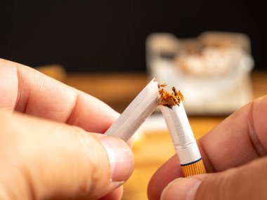 Bir sigara kırar. Sigara ciğerlere zarar verir ve öldürür. Sigara bırakma kavramı.