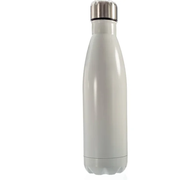 Biała Butelka Thermo Białym Tle Zbliżenie Butelki Termosu — Zdjęcie stockowe