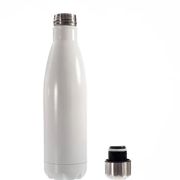 Bottiglia Termica Bianca Sfondo Bianco Bottiglia Thermos Primo Piano — Foto Stock