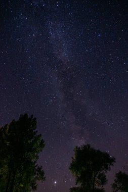 Gece Samanyolu Galaksisi. Galaksimizin bir parçasıyla uzay koyu arkaplanı. Gece yıldızlı gökyüzü. Yıldızlar ve nebula. Boşluk mavi arkaplan