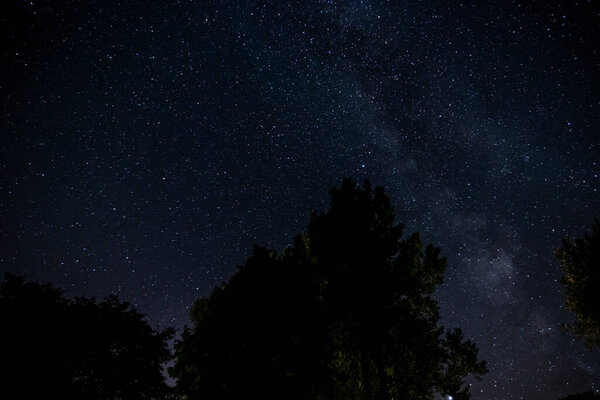 The Milky Way galaxy at night. Space dark background with fragment of our galaxy. Night starry sky. Stars and nebula. Space blue background