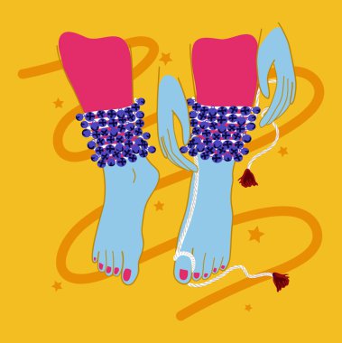 Colorful illustration of a Kathak dancer's feet with ankle bells, getting ready, tying ghungroo.
