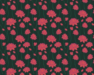 Seamless pattern of waterlilies or lotus flowers and buds on dark water background. Great for textiles, fashion, stationery, decor, wallpaper, invites, decorative, contemporary style