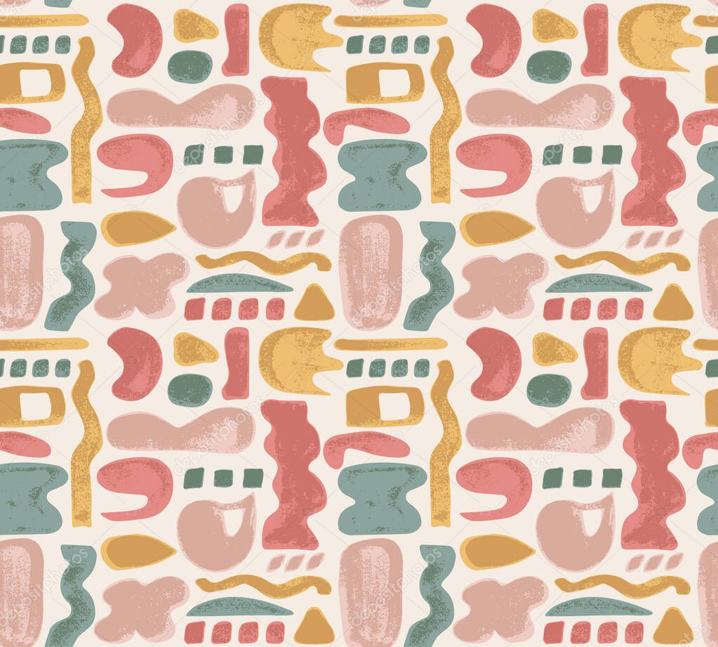 Seamless abstract pattern with organic curved shapes, playful multicolours and grainy textures. Great for Wallpaper, textiles, stationery, fashion, nursery, baby clothing, home decor, accessories,