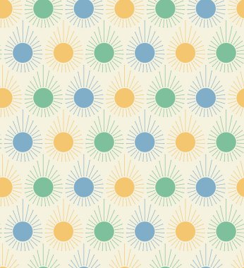 Işınlar, renkli noktalar ve düşme şekilleriyle kusursuz, yumuşak geometrik desen. Duvar kâğıdı, tekstil, kırtasiye, bebek dekorasyonu, moda, bebek kıyafetleri, ev dekorasyonu, aksesuarlar ve yorganlar için harika..