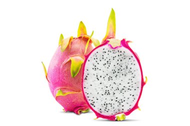 Ejderha meyvesinin tamamı ve yarısı kırpma yolu olan beyaz arka planda izole.