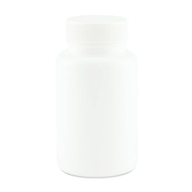 Beyaz arka planda kırpma yolu ile beyaz boş plastik hap şişesi