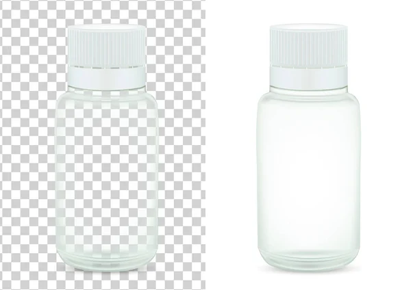 Realistische Leere Glas Medizinische Pille Flasche Auf Transparentem Und Weißem — Stockvektor