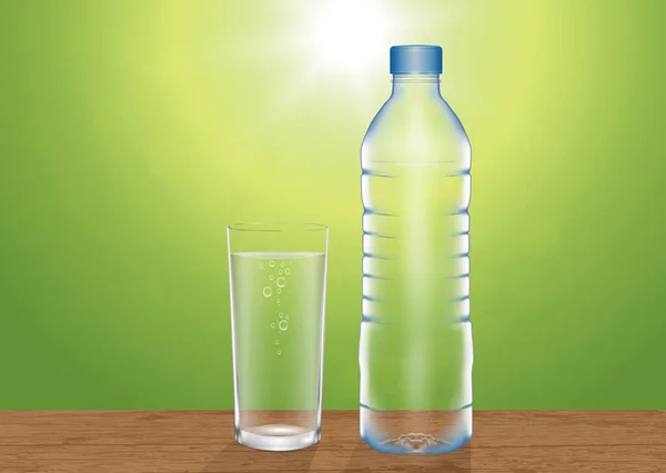 Čerstvé Sklo Pitné Vody Pití Láhev Dřevěném Stolku Rozmazané Zelené — Stockový vektor