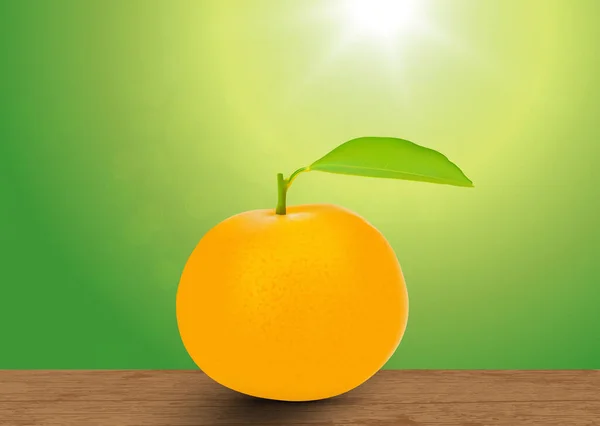 Fruit Orange Avec Feuille Sur Table Bois Sur Fond Vert — Image vectorielle