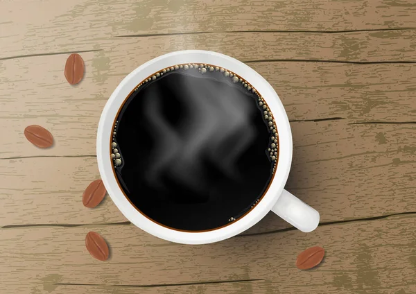 Realistische Weiße Kaffeetasse Mit Schwarzem Kaffee Rauch Und Kaffeebohnen Auf — Stockvektor