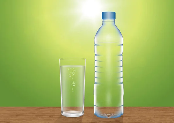 Vidrio Fresco Agua Potable Botella Bebida Mesa Madera Naturaleza Verde — Vector de stock