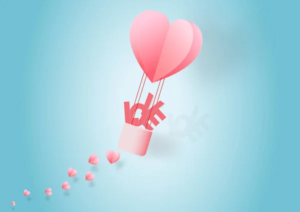 Różowy Papier Serca Balon Latający Literą Miłość Niebieskim Tle Valentine — Wektor stockowy