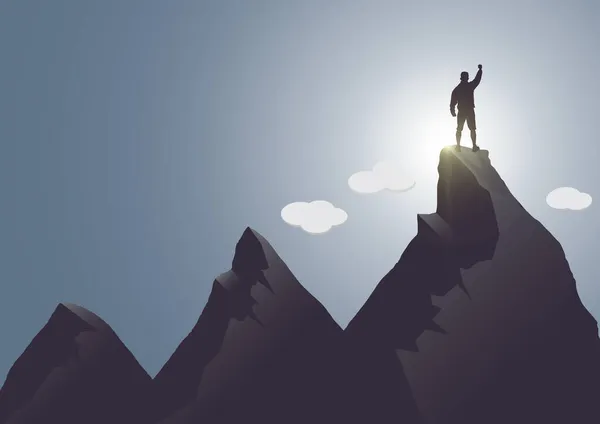 日の出を背景に立ち上がった拳で山の上に立つ男のシルエット 達成と勝利のコンセプトベクトルイラスト — ストックベクタ