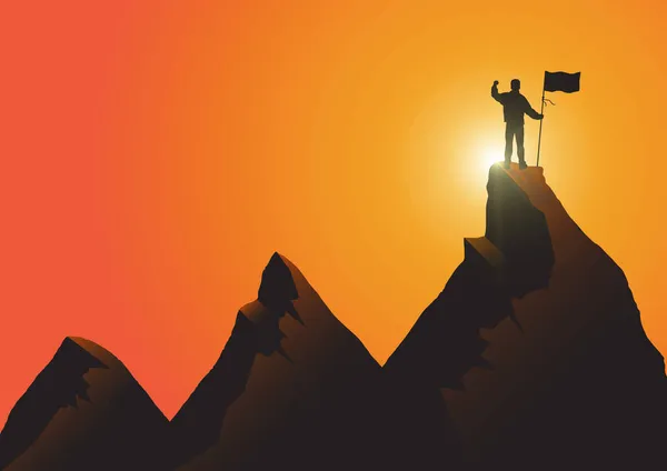 黄金の日の出の背景 達成と勝利の概念ベクトル図上に提起拳と旗を持つ山の上に立つ男のシルエット — ストックベクタ