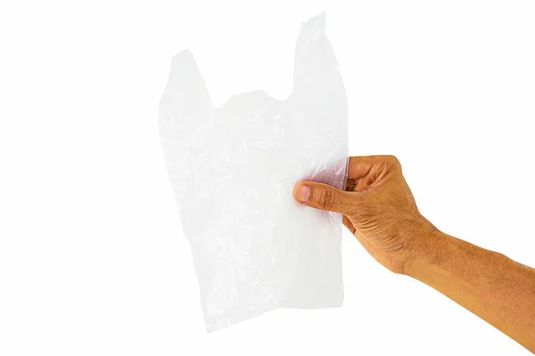 Mão Segurando Saco Plástico Transparente Branco Vazio Isolado Fundo Branco — Fotografia de Stock