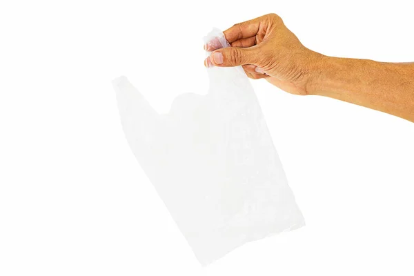 Mão Segurando Saco Plástico Transparente Branco Vazio Isolado Fundo Branco — Fotografia de Stock