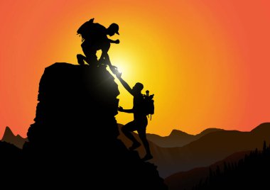 Silhouette of two people climbing mountain helping each other on rocky mountains with sunrise background, helping hand and assistance concept vector illustration