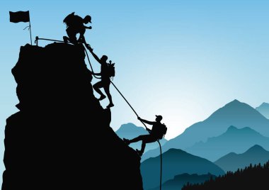 Silhouette of three men climbing mountain by helping each other on blue mountains background, successful teamwork concept vector illustration