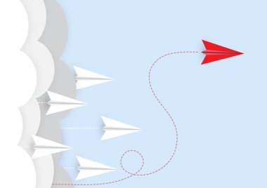 Kırmızı uçakla bulutların üzerinde uçan kağıt uçak önümüzde yön değiştiriyor. İş rekabeti liderliği iddialı hedef vektör ilüstrasyonunda başarılı oldu.