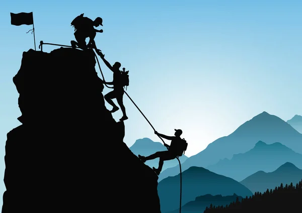 Silhouette Three Men Climbing Mountain Helping Each Other Blue Mountains — ストックベクタ