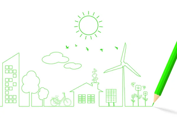 Πράσινο Μολύβι Σχέδιο Πράσινο Περιβαλλοντική Οικολογία Έννοια Φόντο Διάνυσμα Εικονογράφηση — Διανυσματικό Αρχείο