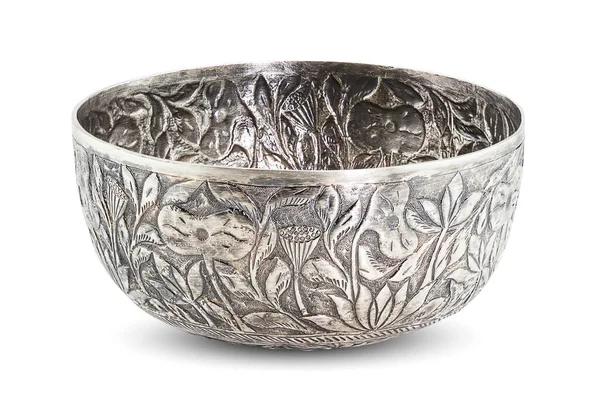 Antique Sculptured Silver Thai Bowl White Background Clipping Path — Fotografia de Stock