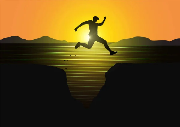Silhouette Man Jumping Cliffs Sunrise Background Achievement Business Concept Vector — 스톡 벡터
