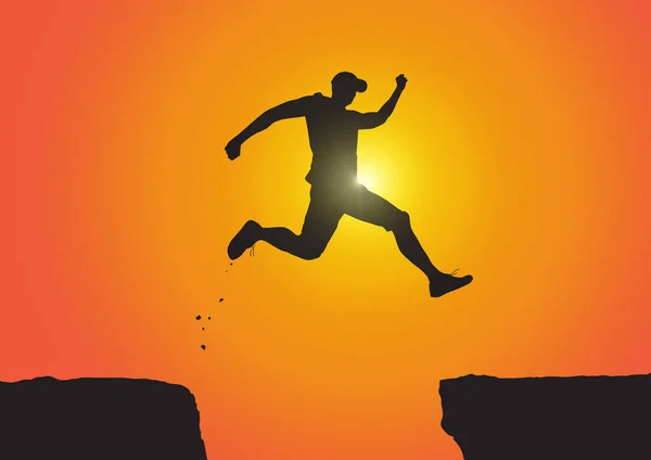 Silhouette Man Jumping Cliffs Sunrise Background Achievement Business Concept Vector — 스톡 벡터