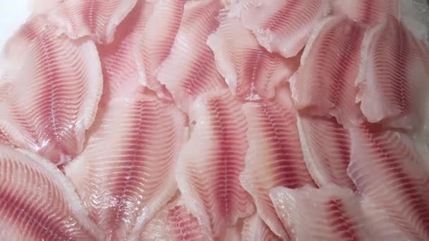 Taze tilapia balığı filetoları soğutma spreyinin altında buz tezgahının üzerinde yatıyor.... — Stok video