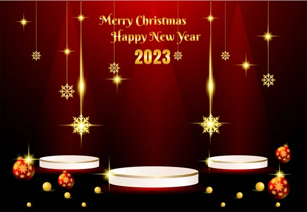 Καλά Χριστούγεννα Και Ευτυχισμένο Νέο Έτος 2023 Στάδιο Βάθρο Φόντο — Διανυσματικό Αρχείο