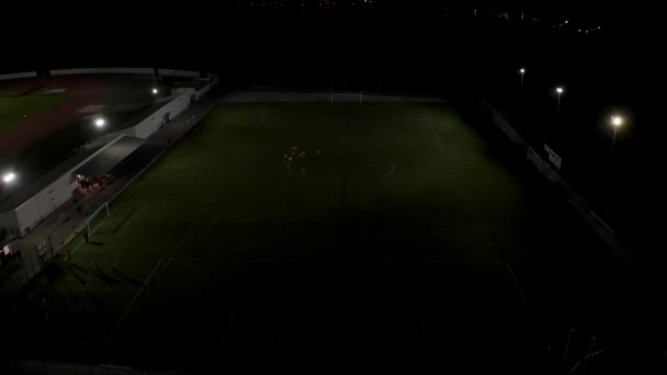 Football Stadium Night Aerial View Drone Flight Soccer Field Players — Stock Video