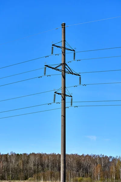 Old Wooden Electric Pole Power Lines Wires Blue Sky Background — Stock Photo, Image
