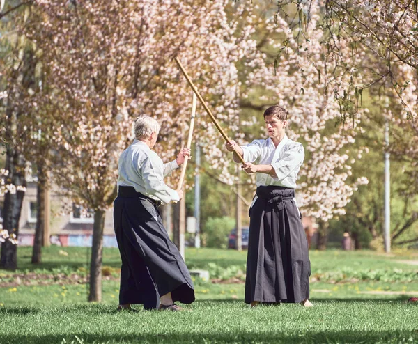 Riga Latvia May 2022 Two Aikido Fighters Training Stick Public — Stock Photo, Image