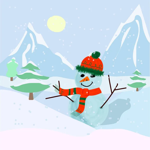 Hombre Nieve Vector Muñeco Nieve Saludo Muñeco Nieve Linda Tarjeta — Vector de stock