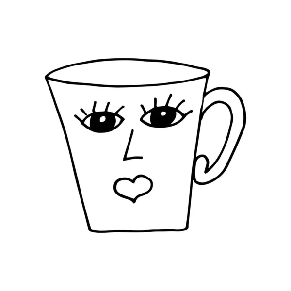 Dibujo gráfico de taza hecho a mano con emoción facial. — Vector de stock