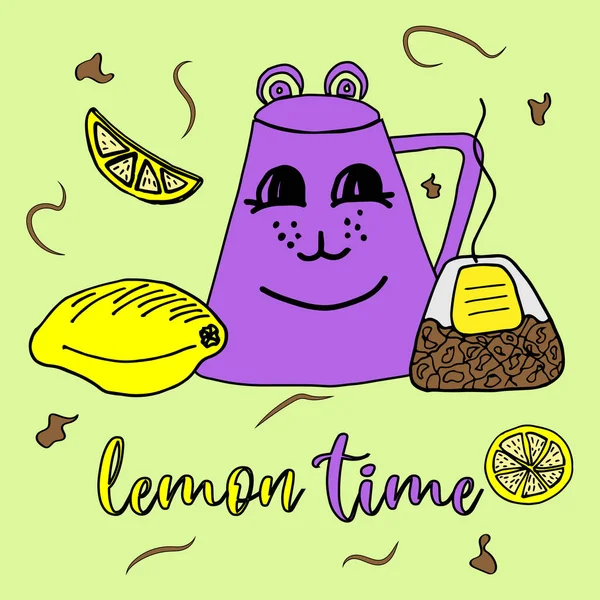 Lemon time illustration with nice mug and tea. Vector — Vetor de Stock