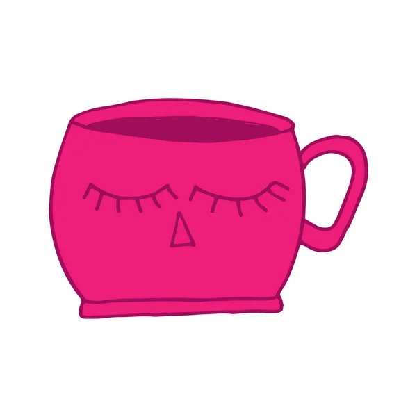 Tazza fatta a mano su disegno grafico a colori rosa con emozione viso. — Vettoriale Stock