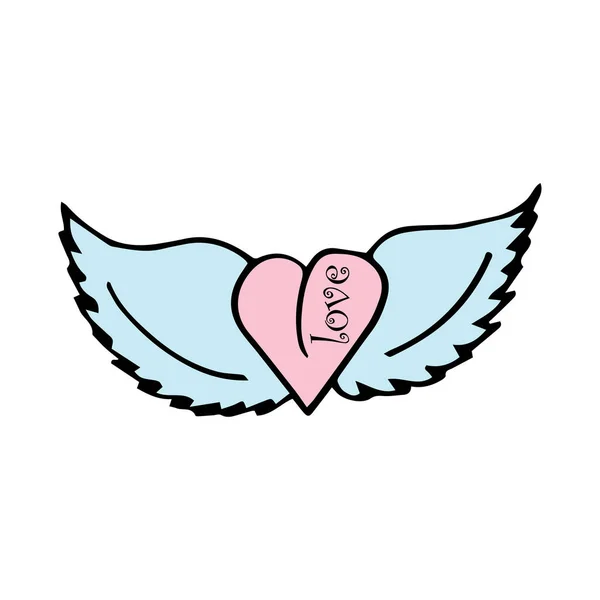 Valentine heart with wings doodle colorful illustration — стоковый вектор